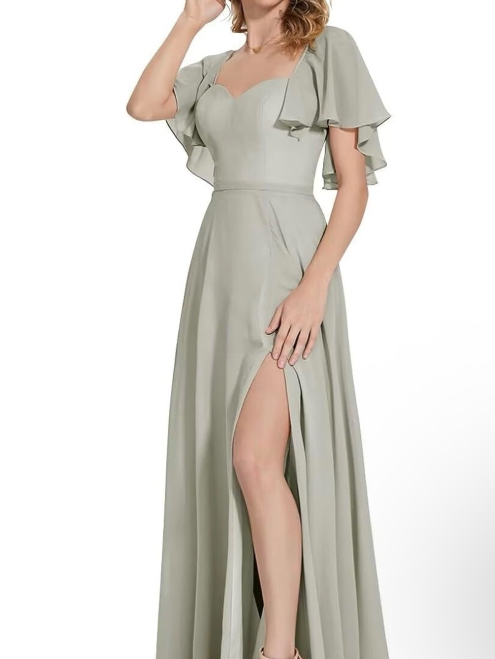 Elegant Sage Green Flutter-Sleeve Evening Dress
